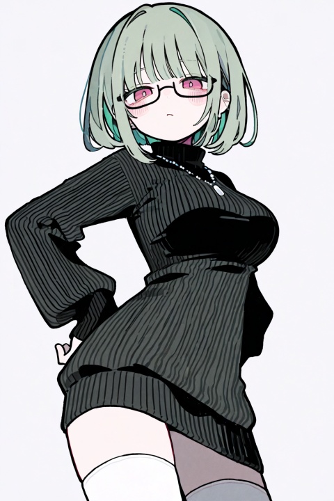 soresaki, 1girl, solo, breasts, looking at viewer, blush, short hair, bangs, large breasts, simple background, thighhighs, long sleeves, white background, dress, jewelry, closed mouth, cowboy shot, green hair, glasses, grey background, necklace, sweater, white thighhighs, turtleneck, semi-rimless eyewear, under-rim eyewear, hands on hips, turtleneck sweater, black sweater