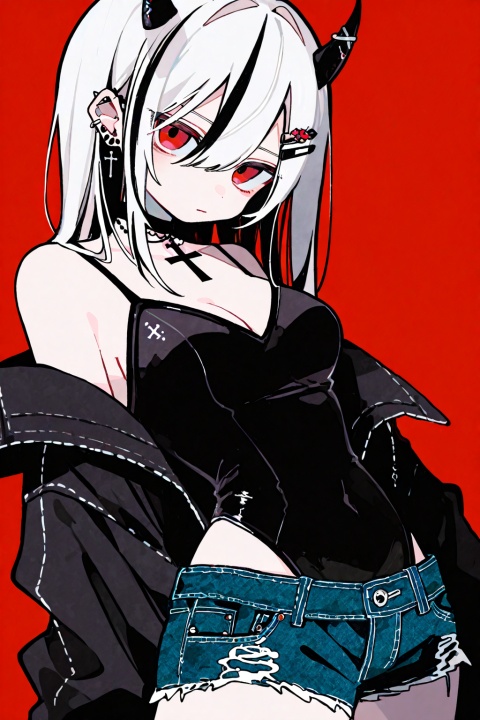 soresaki, 1girl, solo, long hair, breasts, looking at viewer, simple background, black hair, hair ornament, red eyes, cleavage, hair between eyes, jewelry, medium breasts, closed mouth, jacket, white hair, multicolored hair, cowboy shot, earrings, open clothes, horns, shorts, choker, hairclip, off shoulder, leotard, open jacket, streaked hair, black jacket, short shorts, covered navel, highleg, black choker, piercing, cross, denim, ear piercing, black leotard, red background, highleg leotard, denim shorts, cutoffs