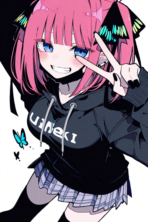 soresaki, 1girl, solo, breasts, looking at viewer, blush, smile, short hair, bangs, blue eyes, skirt, simple background, hair ornament, thighhighs, long sleeves, white background, ribbon, hair ribbon, pink hair, black thighhighs, hood, blunt bangs, nail polish, grin, arm up, v, black ribbon, hoodie, leaning forward, mask, bug, butterfly, black nails, mouth mask, butterfly hair ornament, black hoodie, nakano nino