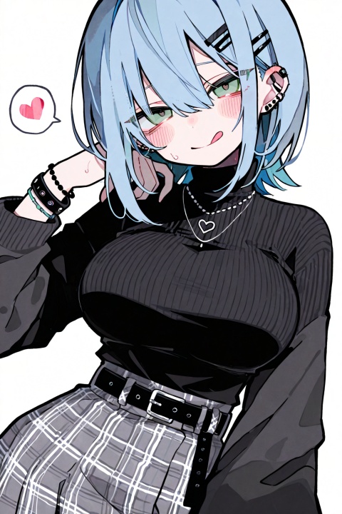 soresaki, 1girl, solo, breasts, looking at viewer, blush, smile, short hair, skirt, large breasts, simple background, shirt, hair ornament, long sleeves, white background, hair between eyes, jewelry, closed mouth, green eyes, blue hair, heart, sweat, earrings, tongue, hairclip, belt, tongue out, necklace, bracelet, plaid, black shirt, turtleneck, plaid skirt, piercing, ear piercing, spoken heart, grey skirt, :q, black belt, licking lips, black sweater