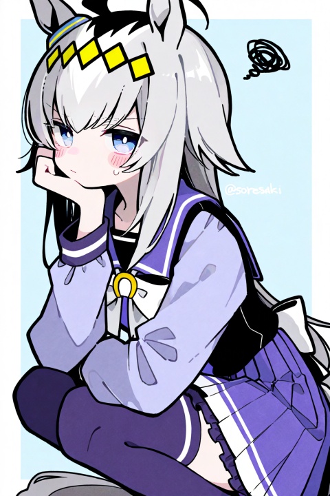 soresaki, 1girl, solo, long hair, looking at viewer, blush, bangs, blue eyes, skirt, shirt, long sleeves, bow, animal ears, closed mouth, school uniform, tail, ahoge, grey hair, multicolored hair, pleated skirt, socks, bowtie, sailor collar, twitter username, two-tone hair, squatting, horse ears, frilled skirt, horse girl, horse tail, hand on own face, purple skirt, head rest, purple shirt, purple thighhighs, tracen school uniform, squiggle, oguri cap \(umamusume\)
