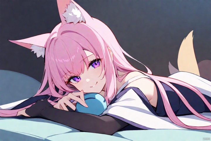  Pink hair, purple eyesSunny, mysterious and charming, # ChangIt's a Japanese shrine, Jiang Bai kimono, head # Hui color hair accessoriesMysterious and noble
TV，black stockings，long hair，smile，Fox ears, lie on the bed