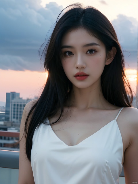 black skdress,NSFW,Frontal photography,Look front,evening,dark clouds,the setting sun,On the city rooftop,A 20 year old female,black hair,long hair,dark theme,muted tones,pastel colors,high contrast,(natural skin texture, A dim light, high clarity) ((sky background))((Facial highlights)),
masterpiece,best quality,black Slip dress
,
