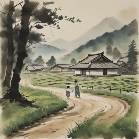 
(ink painting), Tea culture, (masterpiece), (quality), children's painting, Lingnan House, blue wallboard, located, side, road, surrounded, surrounded by lush tea fields, green grass, trees, background, creation, idyllic rural environment, small fence, close look, rural charm, main house, visible two small houses, further down, road, one closer, Left edge, scene, another orientation, right, home contribution, overall picturesque, rural area,