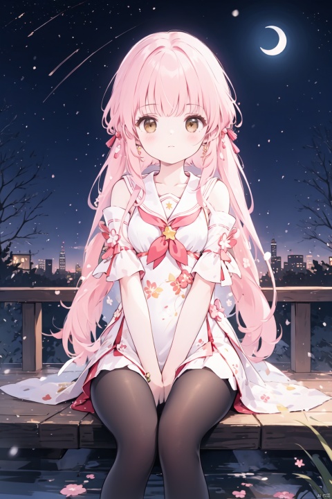  1girl, aerial_fireworks, aurora, bare_tree, bottomless, brown_eyes, city_lights, constellation, covering, covering_crotch, crescent_moon, dust, earth_\(planet\), fireflies, fireworks, full_moon, galaxy, lamppost, light_particles, long_hair, looking_at_viewer, milky_way, moon, moonlight, night, night_sky, onsen, outdoors, pine_tree, planet, shooting_star, sitting, sky, snow, snowing, solo, space, star_\(sky\), star_\(symbol\), starry_background, starry_sky, starry_sky_print, tanabata, tanzaku, tree, v_arms, window, winter,pink hair,Black stockings, blackpantyhose, white thighhighs, sailor senshi uniform, china dress,Off Shoulder, future007