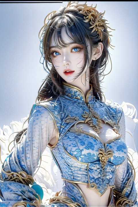  4k, office art, 1girl with green armor, decorated with complex patterns and exquisite lines, k-pop, blue eyes, dark red lips,Navel,