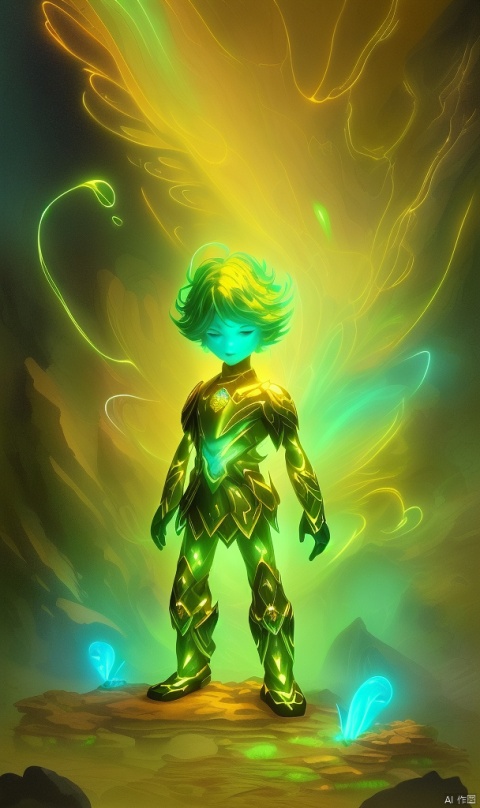 A little man stood on a small slope, surrounded by golden characters, mysterious atmosphere, grand bioluminescence, colorful light, shadow and rock color board painting