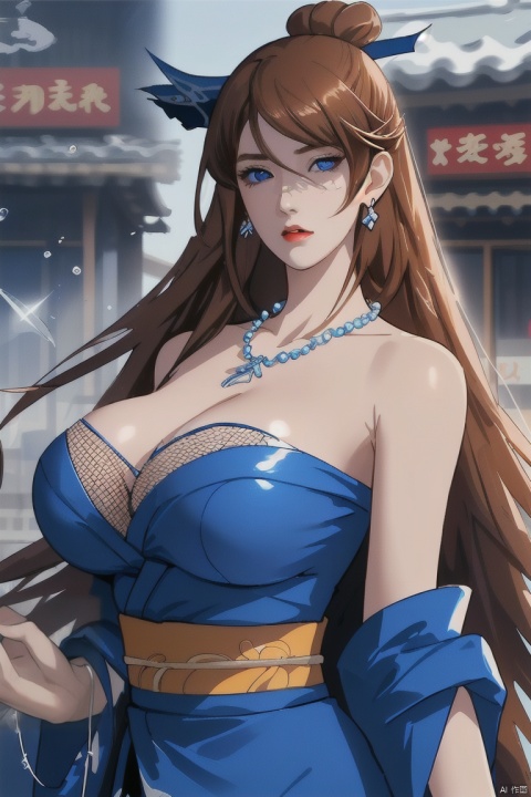 1 Girl, solo, Long hair, (big breasts: 1.2), blue eyes, blue dress, kimono, Brown hair, outdoor, street, hairpin, fishing net, Zhao Meimin.Chest fishing net.Luxurious blue crystal necklace