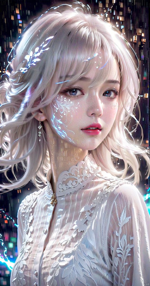  A girl with long white hair floating over her face, white one-inch shirt, lipstick, exquisite facial details, increased details, enhanced clarity, optical fiber transparent material style, abstract design, ethereal phantom, lifelike