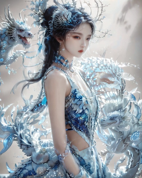  Transparent blue and white porcelain PVC skin, transparent blue and white porcelain colored skin scales, prisms, holography, color difference, fashion illustrations, masterpieces, Chinese dragon and Harajuku fashion, looking at the audience, 8k, super detailed, pixiv