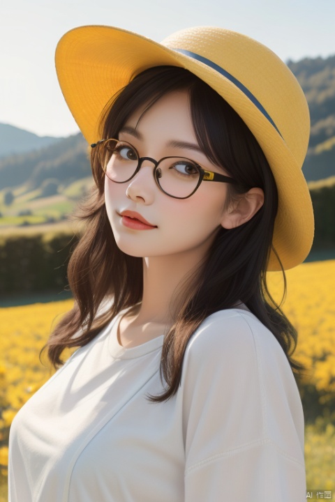 Yellow kindergarten hat, glasses, white clothes, pastoral background,women