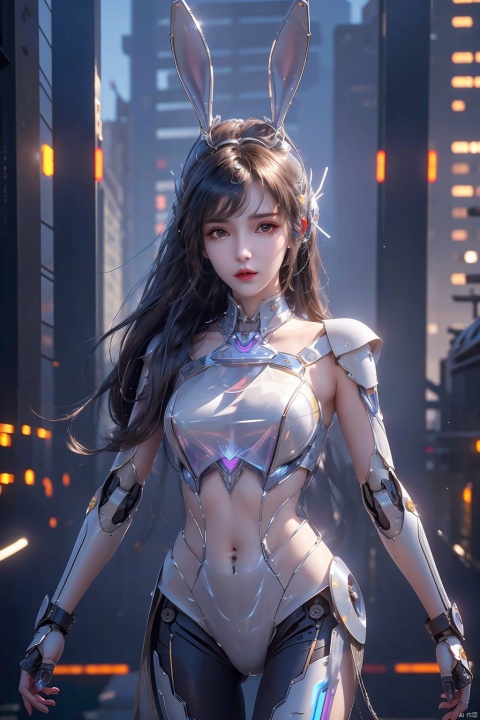  (Masterpiece, best picture quality), Cyberpunk, girl, rabbit ears,((metal and transparent shell | splicing robot)), transparent belly:1.1, metal spine:1.2, ircraft background, dynamic,perspective, xiaowu, 1 girl