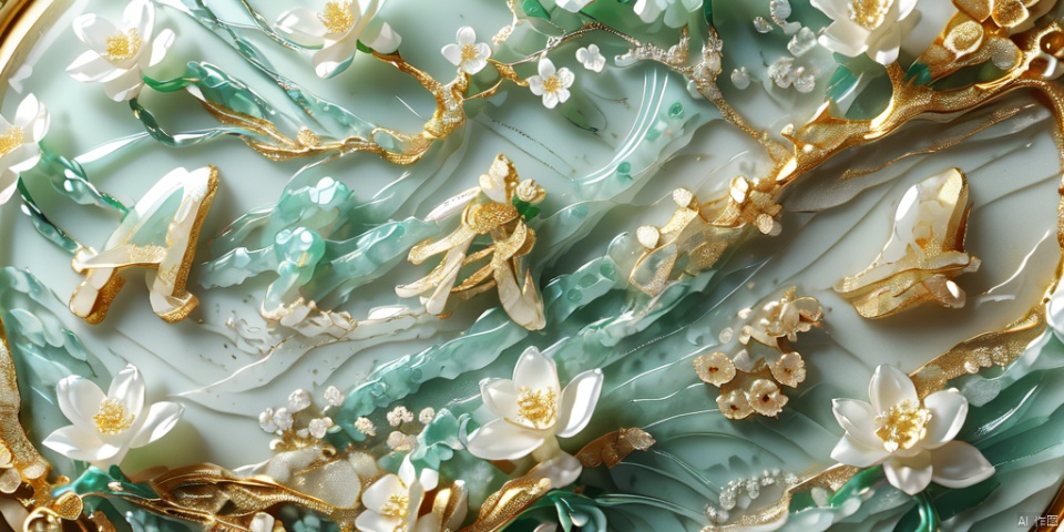 scenery, Transparent jewelry,Surround gold decorative flowers,Jewelry Design,Digital Art,3D Sculpture,Ray Tracing,Jewelry,flower,jade,(glaze),glass,translucent,(Chinese landscape painting background :1),(ceramic :1),transparent quartz crystal,ice silk fiber,(tmasterpiece:1),(Final quality:1).no one, 3d style, 