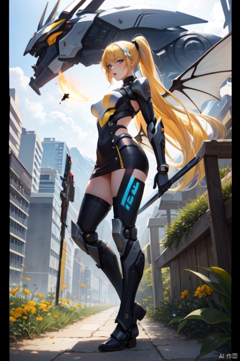 1girl,breasts,long hair,holding,weapon,holding weapon,standing,outdoors,floating hair,thigh strap,leotard,blue eyes,white hair,medium breasts,gloves,bangs,day,holding sword,full body,looking at viewer,closed mouth,headgear,armor,very long hair,solo,glowing,robot,[blush],building,white footwear,covered navel,mecha,hair between eyes,white gloves,hair ornament,black socks,sky,backlighting,white leotard,large breasts,cool,'((yellow and black exoskeleton))','((Augmented cyborg))','((Girl fused with          a wasp))'((yellow hair color))',wasp wings,wasp tattoo,action scene,queen bee,supermodel,(petalsfall）[[mechagirl]],mecha,up,mecha,,future,solo,looking at viewer,yellow eyes,weapon,white hair,wings,armor,mecha musume,v-fin,long hair,breasts,mecha angel,solo,looking at viewer,blue eyes,yellow eyes,weapon,white hair,wings,[[armor]],[mecha musume],v-fin,long ponytail hair,breasts,big ponytail,petite,whole    body,beautiful detailed   fullbody,standing,Maro  eyebrows,((white  skin)),white   hair,gray hair,(underboob of whitejacket),shoulder holster,leg holster,pencil skirt,[[mechagirl girl]],shortstacks,huge breasts,cat ear,mecha wings,pretty face,charming eyes,perfect shape,complex design,exquisite picture,[full body mech],white mecha shoes,[outer bone panzer],Photos of vast landscapes,(from below  you can see the sky and the fields),a girl standing in a flower bed looking up at the sky,(Full   moon :1.2),(meteor   :0.9),(nebula :1.3),BREAK  making art,mountains in  the   distance,trees,(warm light source :1.2),(fireflies :1.2),lights,purple and orange,intricate details,Write,BREAK (Masterpiece :1.2),(highest quality),4k,Super Detail,(Dynamic configuration :1.4),very detailed and colorful details (Rainbow colors :1.2),(Shining lights,          atmospheric lights),Fantastic,Magical,(Solo :1.2),Robot close-up with wings flying through the air,Mechanical Wings,Stay from Overwatch,Farah,from Overwatch,Echoes from Overwatch,Overwatch Reinhart,Overwatch design,Mechanical Angel,armor Angle with wings,Overwatch skin,Future robot Angel,8k HD wallpaper JPEG8k HD wallpaper, machinery,Cyberpunk