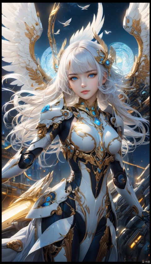  Science fiction, Fantasy,1girl,Delicate and perfect face, Yo, solo, long hair, breasts, looking at viewer, bangs, blue eyes, hair ornament, medium breasts, upper body, white hair, parted lips, wings, armor, lips, floating hair, bird, machinery, ((poakl))(Best quality, masterpiece, rich color, highest detail), (Light smile :0.3), high detail texture, (night scene background :1.3), (complex detail), (dynamic Angle), perfect body structure, 8K,Science fiction, Fantasy, futubot