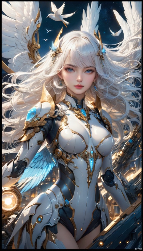  Science fiction, Fantasy,1girl,Delicate and perfect face, Yo, solo, long hair, breasts, looking at viewer, bangs, blue eyes, hair ornament, medium breasts, upper body, white hair, parted lips, wings, armor, lips, floating hair, bird, machinery, ((poakl))(Best quality, masterpiece, rich color, highest detail), (Light smile :0.3), high detail texture, (night scene background :1.3), (complex detail), (dynamic Angle), perfect body structure, 8K,Science fiction, Fantasy, futubot