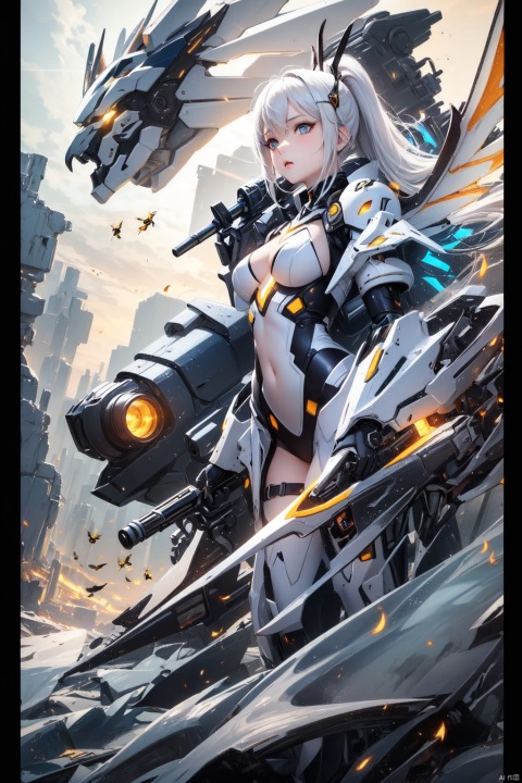  1girl,breasts,long hair,holding,weapon,holding weapon,standing,outdoors,floating hair,thigh strap,leotard,blue eyes,white hair,medium breasts,gloves,bangs,day,holding sword,full body,looking at viewer,closed mouth,headgear,armor,very long hair,solo,glowing,robot,[blush],building,white footwear,covered navel,mecha,hair between eyes,white gloves,hair ornament,black socks,sky,backlighting,white leotard,large breasts,cool,'((yellow and black exoskeleton))','((Augmented cyborg))','((Girl fused with a wasp))'((yellow hair color))',wasp wings,wasp tattoo,action scene,queen bee,supermodel,(petalsfall）[[mechagirl]],mecha,up,mecha,,future,solo,looking at viewer,yellow eyes,weapon,white hair,wings,armor,mecha musume,v-fin,long hair,breasts,mecha angel,solo,looking at viewer,blue eyes,yellow eyes,weapon,white hair,wings,[[armor]],[mecha musume],v-fin,long ponytail hair,breasts,big ponytail,petite,whole body,beautiful detailed fullbody,standing,Maro eyebrows,((white skin)),white hair,gray hair,(underboob of whitejacket),shoulder holster,leg holster,pencil skirt,[[mechagirl girl]],shortstacks,huge breasts,cat ear,mecha wings,pretty face,charming eyes,perfect shape,complex design,exquisite picture,[full body mech],white mecha shoes,[outer bone panzer],Photos of vast landscapes,(from below you can see the sky and the fields),a girl standing in a flower bed looking up at the sky,(Full moon :1.2),(meteor :0.9),(nebula :1.3),BREAK making art,mountains in the distance,trees,(warm light source :1.2),(fireflies :1.2),lights,purple and orange,intricate details,Write,BREAK (Masterpiece :1.2),(highest quality),4k,Super Detail,(Dynamic configuration :1.4),very detailed and colorful details (Rainbow colors :1.2),(Shining lights, atmospheric lights),Fantastic,Magical,(Solo :1.2),Robot close-up with wings flying through the air,Mechanical Wings,Stay from Overwatch,Farah,from Overwatch,Echoes from Overwatch,Overwatch Reinhart,Overwatch design,Mechanical Angel,armor Angle with wings,Overwatch skin,Future robot Angel,8k HD wallpaper JPEG8k HD wallpaper, machinery,Cyberpunk