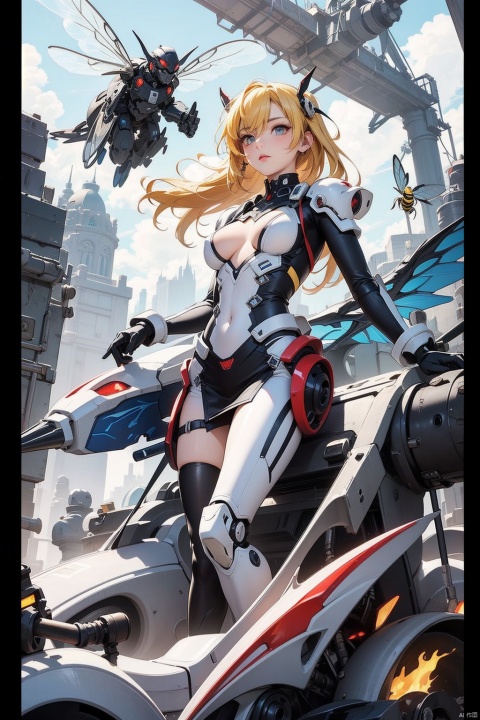  1girl,breasts,long hair,holding,weapon,holding weapon,standing,outdoors,floating hair,thigh strap,leotard,blue eyes,white hair,medium breasts,gloves,bangs,day,holding sword,full body,looking at viewer,closed mouth,headgear,armor,very long hair,solo,glowing,robot,[blush],building,white footwear,covered navel,mecha,hair between eyes,white gloves,hair ornament,black socks,sky,backlighting,white leotard,large breasts,cool,'((yellow and black exoskeleton))','((Augmented cyborg))','((Girl fused with a wasp))'((yellow hair color))',wasp wings,wasp tattoo,action scene,queen bee,supermodel,(petalsfall）[[mechagirl]],mecha,up,mecha,,future,solo,looking at viewer,yellow eyes,weapon,white hair,wings,armor,mecha musume,v-fin,long hair,breasts,mecha angel,solo,looking at viewer,blue eyes,yellow eyes,weapon,white hair,wings,[[armor]],[mecha musume],v-fin,long ponytail hair,breasts,big ponytail,petite,whole body,beautiful detailed fullbody,standing,Maro eyebrows,((white skin)),white hair,gray hair,(underboob of whitejacket),shoulder holster,leg holster,pencil skirt,[[mechagirl girl]],shortstacks,huge breasts,cat ear,mecha wings,pretty face,charming eyes,perfect shape,complex design,exquisite picture,[full body mech],white mecha shoes,[outer bone panzer],Photos of vast landscapes,(from below you can see the sky and the fields),a girl standing in a flower bed looking up at the sky,(Full moon :1.2),(meteor :0.9),(nebula :1.3),BREAK making art,mountains in the distance,trees,(warm light source :1.2),(fireflies :1.2),lights,purple and orange,intricate details,Write,BREAK (Masterpiece :1.2),(highest quality),4k,Super Detail,(Dynamic configuration :1.4),very detailed and colorful details (Rainbow colors :1.2),(Shining lights, atmospheric lights),Fantastic,Magical,(Solo :1.2),Robot close-up with wings flying through the air,Mechanical Wings,Stay from Overwatch,Farah,from Overwatch,Echoes from Overwatch,Overwatch Reinhart,Overwatch design,Mechanical Angel,armor Angle with wings,Overwatch skin,Future robot Angel,8k HD wallpaper JPEG8k HD wallpaper, machinery