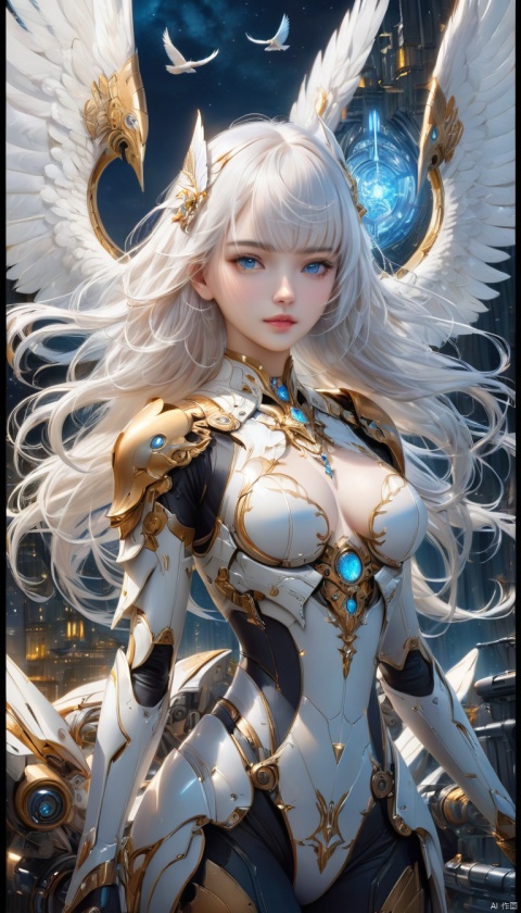  Science fiction, Fantasy,1girl,Delicate and perfect face, Yo, solo, long hair, breasts, looking at viewer, bangs, blue eyes, hair ornament, medium breasts, upper body, white hair, parted lips, wings, armor, lips, floating hair, bird, machinery, ((poakl))(Best quality, masterpiece, rich color, highest detail), (Light smile :0.3), high detail texture, (night scene background :1.3), (complex detail), (dynamic Angle), perfect body structure, 8K,Science fiction, Fantasy, futubot