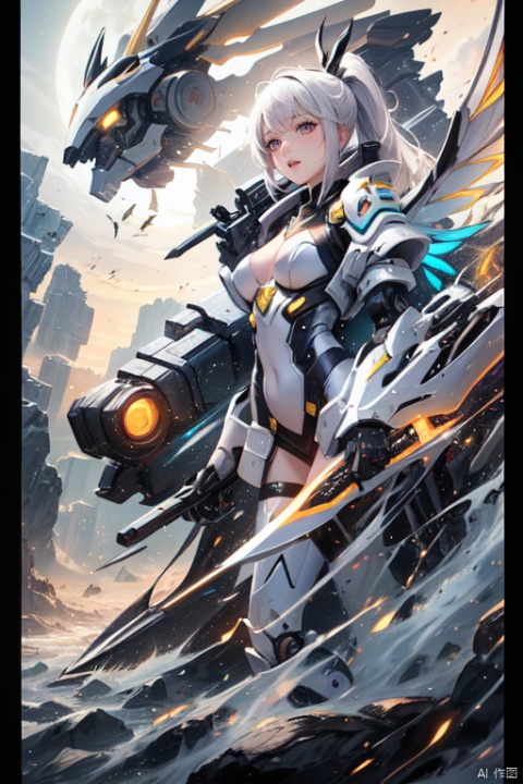 1girl,breasts,long hair,holding,weapon,holding weapon,standing,outdoors,floating hair,thigh strap,leotard,blue eyes,white hair,medium breasts,gloves,bangs,day,holding sword,full body,looking at viewer,closed mouth,headgear,armor,very long hair,solo,glowing,robot,[blush],building,white footwear,covered navel,mecha,hair between eyes,white gloves,hair ornament,black socks,sky,backlighting,white leotard,large breasts,cool,'((yellow and black exoskeleton))','((Augmented cyborg))','((Girl fused with          a wasp))'((yellow hair color))',wasp wings,wasp tattoo,action scene,queen bee,supermodel,(petalsfall）[[mechagirl]],mecha,up,mecha,,future,solo,looking at viewer,yellow eyes,weapon,white hair,wings,armor,mecha musume,v-fin,long hair,breasts,mecha angel,solo,looking at viewer,blue eyes,yellow eyes,weapon,white hair,wings,[[armor]],[mecha musume],v-fin,long ponytail hair,breasts,big ponytail,petite,whole    body,beautiful detailed   fullbody,standing,Maro  eyebrows,((white  skin)),white   hair,gray hair,(underboob of whitejacket),shoulder holster,leg holster,pencil skirt,[[mechagirl girl]],shortstacks,huge breasts,cat ear,mecha wings,pretty face,charming eyes,perfect shape,complex design,exquisite picture,[full body mech],white mecha shoes,[outer bone panzer],Photos of vast landscapes,(from below  you can see the sky and the fields),a girl standing in a flower bed looking up at the sky,(Full   moon :1.2),(meteor   :0.9),(nebula :1.3),BREAK  making art,mountains in  the   distance,trees,(warm light source :1.2),(fireflies :1.2),lights,purple and orange,intricate details,Write,BREAK (Masterpiece :1.2),(highest quality),4k,Super Detail,(Dynamic configuration :1.4),very detailed and colorful details (Rainbow colors :1.2),(Shining lights,          atmospheric lights),Fantastic,Magical,(Solo :1.2),Robot close-up with wings flying through the air,Mechanical Wings,Stay from Overwatch,Farah,from Overwatch,Echoes from Overwatch,Overwatch Reinhart,Overwatch design,Mechanical Angel,armor Angle with wings,Overwatch skin,Future robot Angel,8k HD wallpaper JPEG8k HD wallpaper, machinery,Cyberpunk