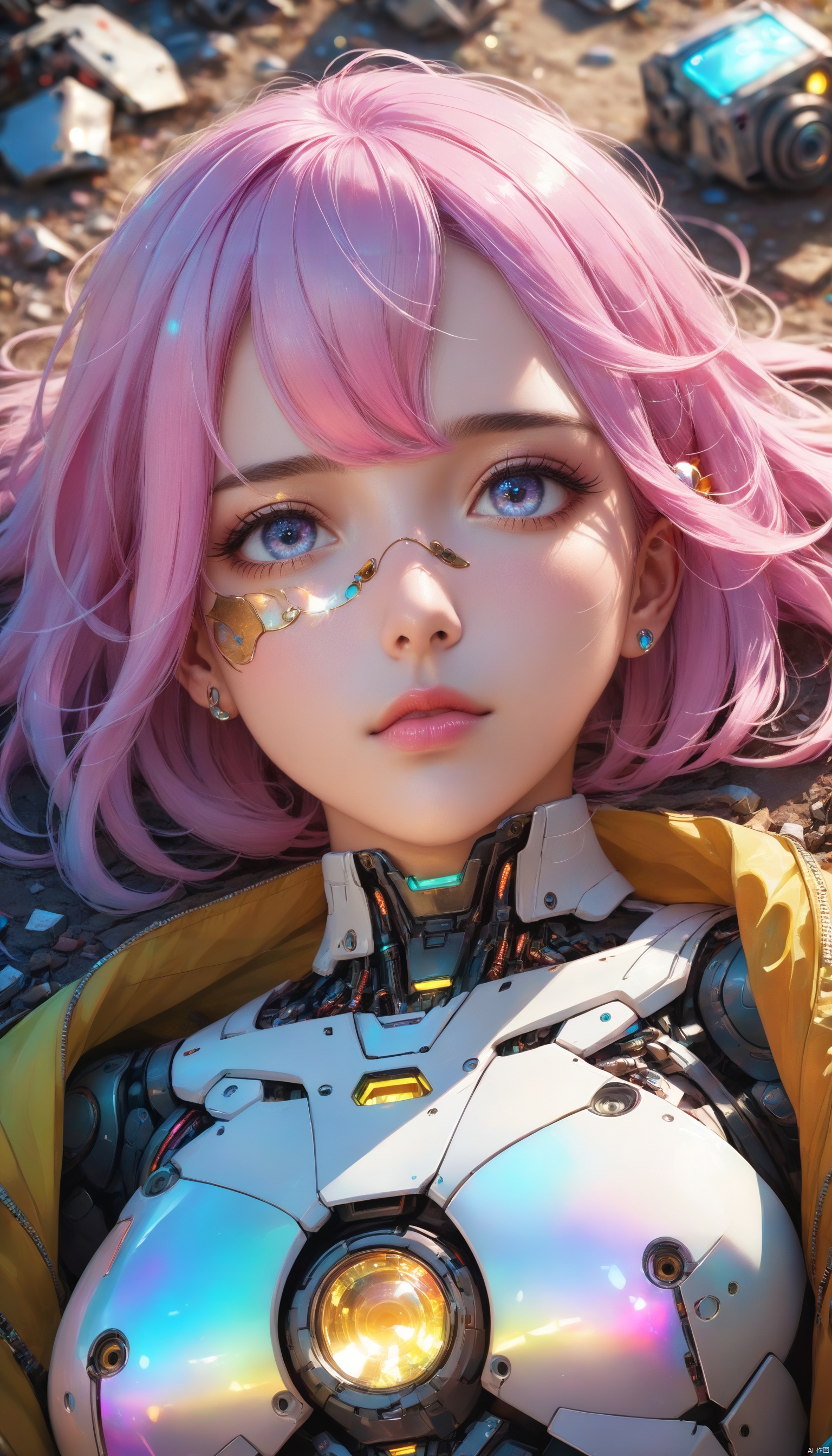  a broken ruined cyborg girl in a landfill, robot, beautiful face, body is broken with scars and holes, laying on the ground, 8K, (dynamic perspective), sharp focus, (depth of field, bokeh:1.3), extremely detailed eyes and face, beautiful detailed eyes, hyperpunk scene, cinematic lighting, reflective transparent iridescent opaque jacket, long transparent iridescent RGB hair, ((masterpiece, best quality)), niji, from above, upper body, navel, sachin teng