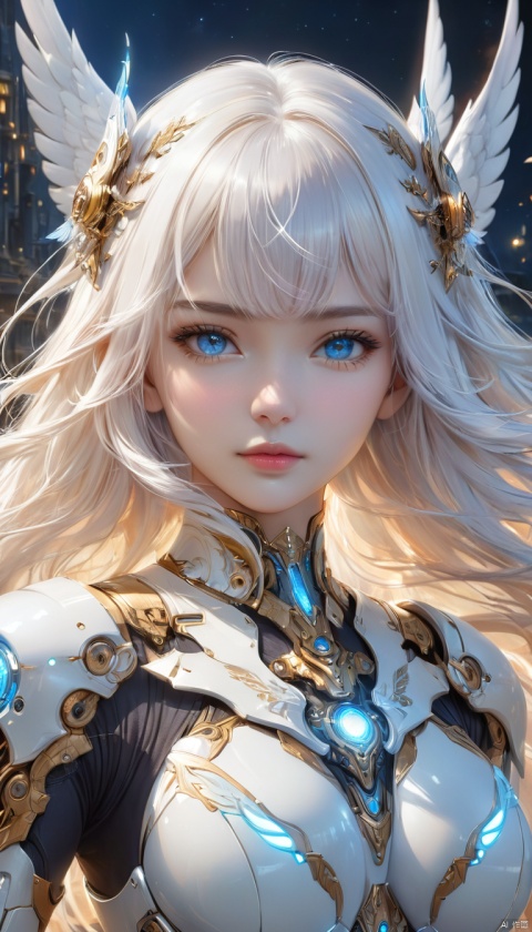  Science fiction, Fantasy,1girl,Delicate and perfect face, Yo, solo, long hair, breasts, looking at viewer, bangs, blue eyes, hair ornament, medium breasts, upper body, white hair, parted lips, wings, armor, lips, floating hair, bird, machinery, ((poakl))(Best quality, masterpiece, rich color, highest detail), (Light smile :0.3), high detail texture, (night scene background :1.3), (complex detail), (dynamic Angle), perfect body structure, 8K,Science fiction, Fantasy, futubot