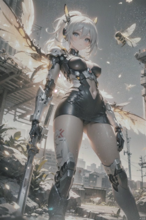  1girl,breasts,long hair,holding,weapon,holding weapon,standing,outdoors,floating hair,thigh strap,leotard,blue eyes,white hair,medium breasts,gloves,bangs,day,holding sword,full body,looking at viewer,closed mouth,headgear,armor,very long hair,solo,glowing,robot,[blush],building,white footwear,covered navel,mecha,hair between eyes,white gloves,hair ornament,black socks,sky,backlighting,white leotard,large breasts,cool,'((yellow and black exoskeleton))','((Augmented cyborg))','((Girl fused with a wasp))'((yellow hair color))',wasp wings,wasp tattoo,action scene,queen bee,supermodel,(petalsfall）[[mechagirl]],mecha,up,mecha,,future,solo,looking at viewer,yellow eyes,weapon,white hair,wings,armor,mecha musume,v-fin,long hair,breasts,mecha angel,solo,looking at viewer,blue eyes,yellow eyes,weapon,white hair,wings,[[armor]],[mecha musume],v-fin,long ponytail hair,breasts,big ponytail,petite,whole body,beautiful detailed fullbody,standing,Maro eyebrows,((white skin)),white hair,gray hair,(underboob of whitejacket),shoulder holster,leg holster,pencil skirt,[[mechagirl girl]],shortstacks,huge breasts,cat ear,mecha wings,pretty face,charming eyes,perfect shape,complex design,exquisite picture,[full body mech],white mecha shoes,[outer bone panzer],Photos of vast landscapes,(from below you can see the sky and the fields),a girl standing in a flower bed looking up at the sky,(Full moon :1.2),(meteor :0.9),(nebula :1.3),BREAK making art,mountains in the distance,trees,(warm light source :1.2),(fireflies :1.2),lights,purple and orange,intricate details,Write,BREAK (Masterpiece :1.2),(highest quality),4k,Super Detail,(Dynamic configuration :1.4),very detailed and colorful details (Rainbow colors :1.2),(Shining lights, atmospheric lights),Fantastic,Magical,(Solo :1.2),Robot close-up with wings flying through the air,Mechanical Wings,Stay from Overwatch,Farah,from Overwatch,Echoes from Overwatch,Overwatch Reinhart,Overwatch design,Mechanical Angel,armor Angle with wings,Overwatch skin,Future robot Angel,8k HD wallpaper JPEG8k HD wallpaper, machinery,Cyberpunk, CyberpunkConcept,流光,headset