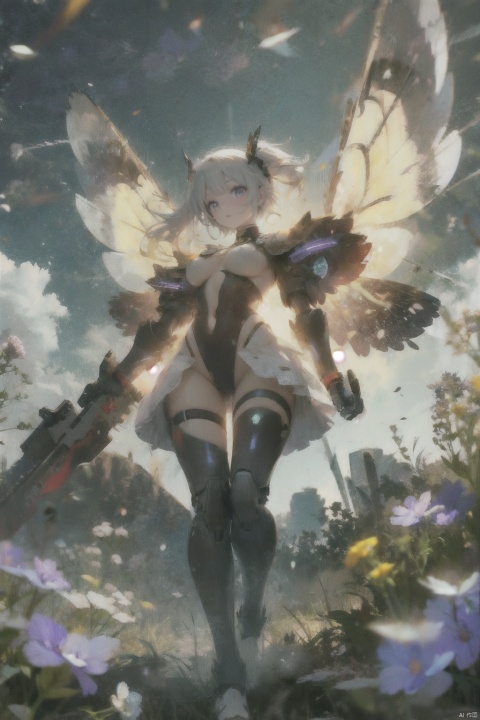  1girl,breasts,long hair,holding,weapon,holding weapon,standing,outdoors,floating hair,thigh strap,leotard,blue eyes,white hair,medium breasts,gloves,bangs,day,holding sword,full body,looking at viewer,closed mouth,headgear,armor,very long hair,solo,glowing,robot,[blush],building,white footwear,covered navel,mecha,hair between eyes,white gloves,hair ornament,black socks,sky,backlighting,white leotard,large breasts,cool,'((yellow and black exoskeleton))','((Augmented cyborg))','((Girl fused with a wasp))'((yellow hair color))',wasp wings,wasp tattoo,action scene,queen bee,supermodel,(petalsfall）[[mechagirl]],mecha,up,mecha,,future,solo,looking at viewer,yellow eyes,weapon,white hair,wings,armor,mecha musume,v-fin,long hair,breasts,mecha angel,solo,looking at viewer,blue eyes,yellow eyes,weapon,white hair,wings,[[armor]],[mecha musume],v-fin,long ponytail hair,breasts,big ponytail,petite,whole body,beautiful detailed fullbody,standing,Maro eyebrows,((white skin)),white hair,gray hair,(underboob of whitejacket),shoulder holster,leg holster,pencil skirt,[[mechagirl girl]],shortstacks,huge breasts,cat ear,mecha wings,pretty face,charming eyes,perfect shape,complex design,exquisite picture,[full body mech],white mecha shoes,[outer bone panzer],Photos of vast landscapes,(from below you can see the sky and the fields),a girl standing in a flower bed looking up at the sky,(Full moon :1.2),(meteor :0.9),(nebula :1.3),BREAK making art,mountains in the distance,trees,(warm light source :1.2),(fireflies :1.2),lights,purple and orange,intricate details,Write,BREAK (Masterpiece :1.2),(highest quality),4k,Super Detail,(Dynamic configuration :1.4),very detailed and colorful details (Rainbow colors :1.2),(Shining lights, atmospheric lights),Fantastic,Magical,(Solo :1.2),Robot close-up with wings flying through the air,Mechanical Wings,Stay from Overwatch,Farah,from Overwatch,Echoes from Overwatch,Overwatch Reinhart,Overwatch design,Mechanical Angel,armor Angle with wings,Overwatch skin,Future robot Angel,8k HD wallpaper JPEG8k HD wallpaper, machinery,Cyberpunk, CyberpunkConcept,流光,headset