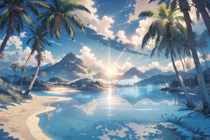  Island, palm trees, clouds, light, rich colors, contrast between warm and cold, outline, diffuse reflection of light, streamer, woods, 8K, poster, beach, mountains, (woods) If contrasted, rows of palm trees, The sun shines through the trees on the beach, blocking a shadow