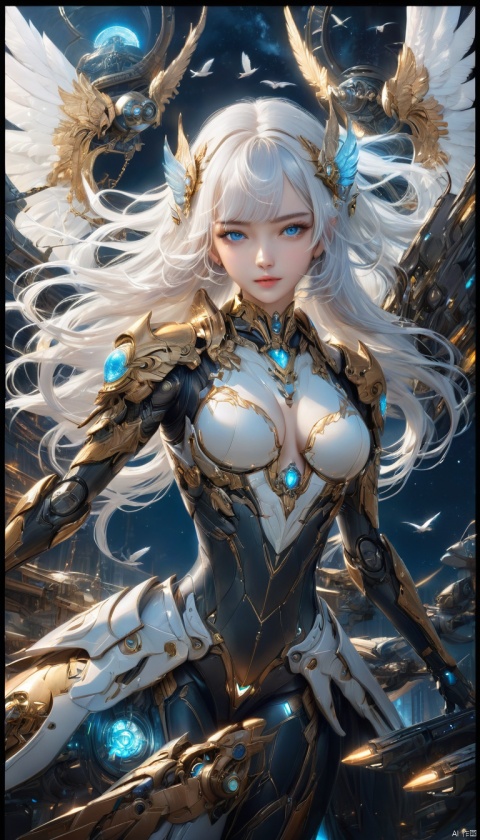  Science fiction, Fantasy,1girl,Delicate and perfect face, Yo, solo, long hair, breasts, looking at viewer, bangs, blue eyes, hair ornament, medium breasts, upper body, white hair, parted lips, wings, armor, lips, floating hair, bird, machinery, ((poakl))(Best quality, masterpiece, rich color, highest detail), (Light smile :0.3), high detail texture, (night scene background :1.3), (complex detail), (dynamic Angle), perfect body structure, 8K,Science fiction, Fantasy, futubot