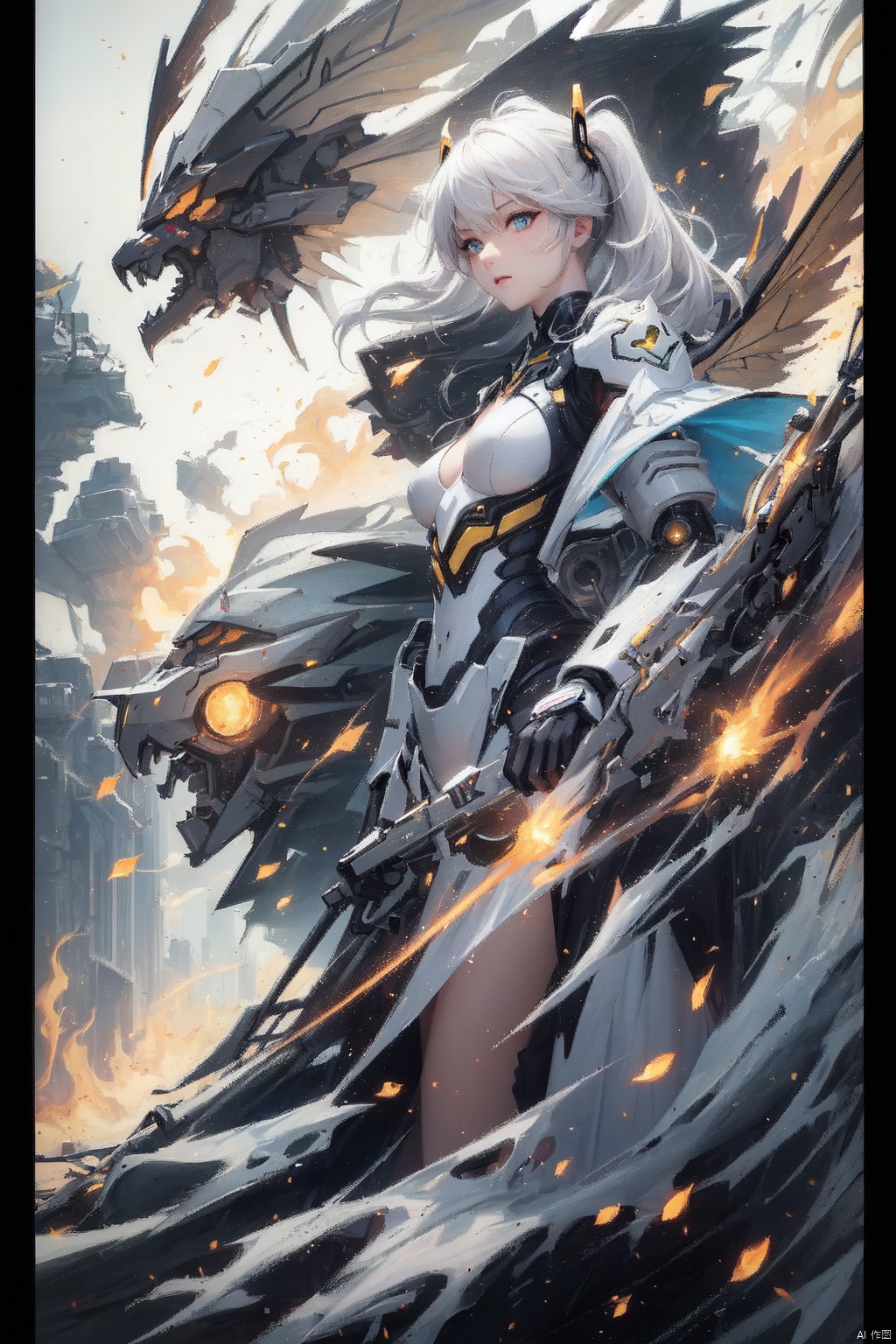  1girl,breasts,long hair,holding,weapon,holding weapon,standing,outdoors,floating hair,thigh strap,leotard,blue eyes,white hair,medium breasts,gloves,bangs,day,holding sword,full body,looking at viewer,closed mouth,headgear,armor,very long hair,solo,glowing,robot,[blush],building,white footwear,covered navel,mecha,hair between eyes,white gloves,hair ornament,black socks,sky,backlighting,white leotard,large breasts,cool,'((yellow and black exoskeleton))','((Augmented cyborg))','((Girl fused with a wasp))'((yellow hair color))',wasp wings,wasp tattoo,action scene,queen bee,supermodel,(petalsfall）[[mechagirl]],mecha,up,mecha,,future,solo,looking at viewer,yellow eyes,weapon,white hair,wings,armor,mecha musume,v-fin,long hair,breasts,mecha angel,solo,looking at viewer,blue eyes,yellow eyes,weapon,white hair,wings,[[armor]],[mecha musume],v-fin,long ponytail hair,breasts,big ponytail,petite,whole body,beautiful detailed fullbody,standing,Maro eyebrows,((white skin)),white hair,gray hair,(underboob of whitejacket),shoulder holster,leg holster,pencil skirt,[[mechagirl girl]],shortstacks,huge breasts,cat ear,mecha wings,pretty face,charming eyes,perfect shape,complex design,exquisite picture,[full body mech],white mecha shoes,[outer bone panzer],Photos of vast landscapes,(from below you can see the sky and the fields),a girl standing in a flower bed looking up at the sky,(Full moon :1.2),(meteor :0.9),(nebula :1.3),BREAK making art,mountains in the distance,trees,(warm light source :1.2),(fireflies :1.2),lights,purple and orange,intricate details,Write,BREAK (Masterpiece :1.2),(highest quality),4k,Super Detail,(Dynamic configuration :1.4),very detailed and colorful details (Rainbow colors :1.2),(Shining lights, atmospheric lights),Fantastic,Magical,(Solo :1.2),Robot close-up with wings flying through the air,Mechanical Wings,Stay from Overwatch,Farah,from Overwatch,Echoes from Overwatch,Overwatch Reinhart,Overwatch design,Mechanical Angel,armor Angle with wings,Overwatch skin,Future robot Angel,8k HD wallpaper JPEG8k HD wallpaper, machinery,Cyberpunk