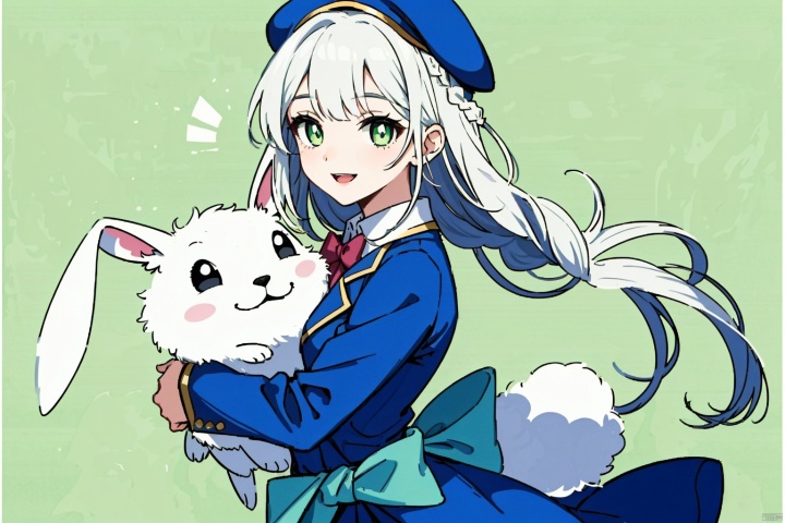  A girl，light green background, white hair, gray pupils, French braided hair, beret, big head photo, simple lines, clean coloring, happy, looking towards the camera, waist up, smiling, high saturation, holding a rabbit in her arms, gentle gaze, lovely rabbit，(pixel:0.8)