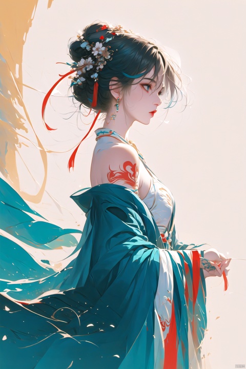  CG,Masterpieces, of the best quality,CG
masterpiece,best quality,
1girl, solo, breasts, bangs, blue eyes, shirt, dress, hair between eyes, bare shoulders, jewelry, blue hair, upper body, white hair, sky, sleeveless, hair bun, from side, gradient, gradient background, tattoo, profile, sleeveless dress, looking up, armlet, ice, crystal, arm tattoo, looking afar, mwuxia, Chinese ink painting, meidusha, （\personality\）, midjourney,ink wash painting, guoflinke, smwuxia Chinese text blood weapon:sw, yifu