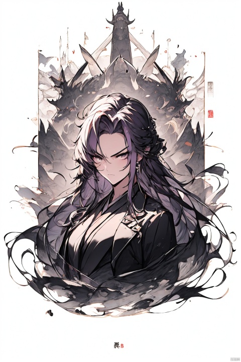  a woman in business attire, long hair, light purple hair, hair shawl, dabolang hairstyle, earring, fluffy hair, butterfly headdress, serious expression, mature face, beautiful anime portrait, palace, digital anime illustration, beautiful anime style, a beautiful fantasy female chairman, anime illustration, anime fantasy illustration, beautiful character painting, trending on artstration,（\personality\）, (\yan yu\), (\shen ming shao nv\), Ink scattering_Chinese style, midjourney portrait