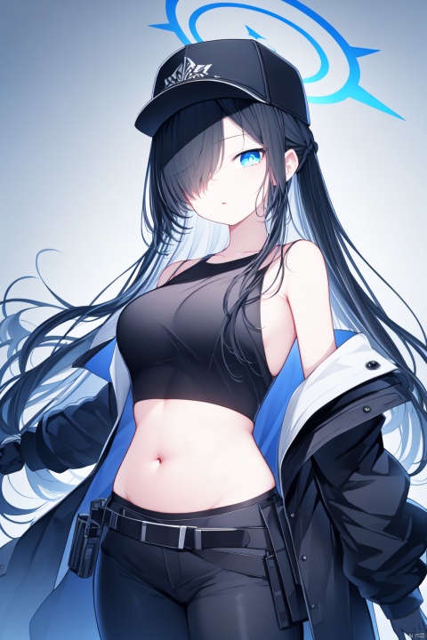  (best quality), (masterpiece),1girl, long hair, solo, breasts, hat, navel, gloves, crop top, blue eyes, stomach, black shirt, shirt, midriff, belt, looking at viewer, coat, sleeveless shirt, black gloves, pants, black hair, off shoulder, black headwear, white coat, black belt, bare shoulders, large breasts, black pants, sleeveless, snap-fit buckle, halo, bangs, baseball cap, cowboy shot, gun, weapon, holding, sig sauer, standing, open clothes, hair over one eye, open coat, parted lips, rifle, hair between eyes, long sleeves, harness, mask, very long hair