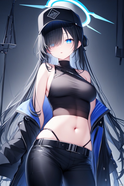  (best quality), (masterpiece),1girl, long hair, solo, breasts, hat, navel, gloves, crop top, blue eyes, stomach, black shirt, shirt, midriff, belt, looking at viewer, coat, sleeveless shirt, black gloves, pants, black hair, off shoulder, black headwear, white coat, black belt, bare shoulders, large breasts, black pants, sleeveless, snap-fit buckle, halo, bangs, baseball cap, cowboy shot, gun, weapon, holding, sig sauer, standing, open clothes, hair over one eye, open coat, parted lips, rifle, hair between eyes, long sleeves, harness, mask, very long hair