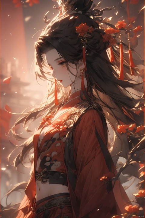  1girl, solo, long hair, black hair, hair ornament, jewelry, closed mouth, upper body, flower, earrings, blurry, from side, eyelashes, profile, makeup, red background, chinese clothes, red flower, tassel, branch, red lips, tassel earrings, guoflinke,midjourney portrait, Ink scattering_Chinese style, Dragon and girl,navel, jyy-hd, guidao, girl, dragon, liuyifei