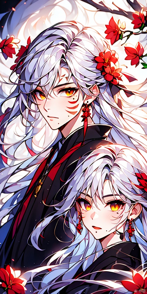 1girl, long hair, looking at viewer, hair ornament, 1boy, jewelry, yellow eyes, flower, white hair, earrings, hair flower, mole, fur trim, mole under eye, siblings, facial mark, red flower, brother and sister, branch, bishounen