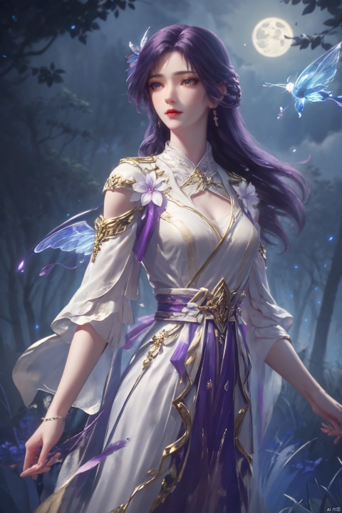  ((4k,masterpiece,best quality)), professional camera, 8k photos, wallpaper
1 girl, solo,purple hair,ethereal fairy, floating on clouds, sparkling gown with iridescent butterfly wings, holding a magic wand, surrounded by dancing fireflies, twilight sky, full moon, mystical forest in the background, glowing mushrooms, enchanted flowers, softly illuminated by bioluminescence, serene expression, delicate features with pointed ears, flowing silver hair adorned with tiny stars, gentle breeze causing her dress and hair to flow ethereally, dreamlike atmosphere, surreal color palette, high dynamic range lighting, intricate details, otherworldly aesthetic.