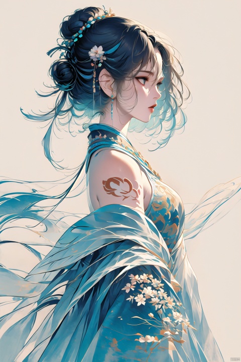  CG,Masterpieces, of the best quality,CG
masterpiece,best quality,
1girl, solo, breasts, bangs, blue eyes, shirt, dress, hair between eyes, bare shoulders, jewelry, blue hair, upper body, white hair, sky, sleeveless, hair bun, from side, gradient, gradient background, tattoo, profile, sleeveless dress, looking up, armlet, ice, crystal, arm tattoo, looking afar, mwuxia, Chinese ink painting, meidusha, （\personality\）, midjourney,ink wash painting, guoflinke, smwuxia Chinese text blood weapon:sw, yifu