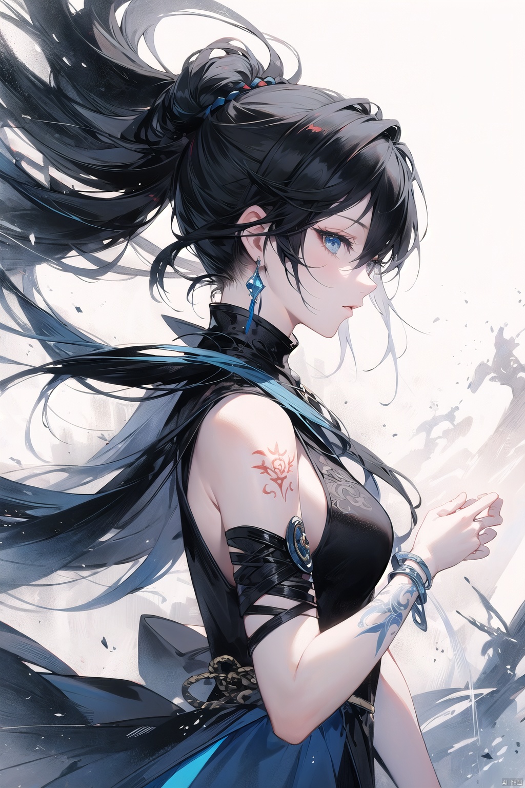  CG,Masterpieces, of the best quality,CG
masterpiece,best quality,
1girl, solo, breasts, bangs, blue eyes, shirt, dress, hair between eyes, bare shoulders, jewelry, blue hair, upper body, white hair, sky, sleeveless, hair bun, from side, gradient, gradient background, tattoo, profile, sleeveless dress, looking up, armlet, ice, crystal, arm tattoo, looking afar, mwuxia, Chinese ink painting, meidusha, （\personality\）, midjourney