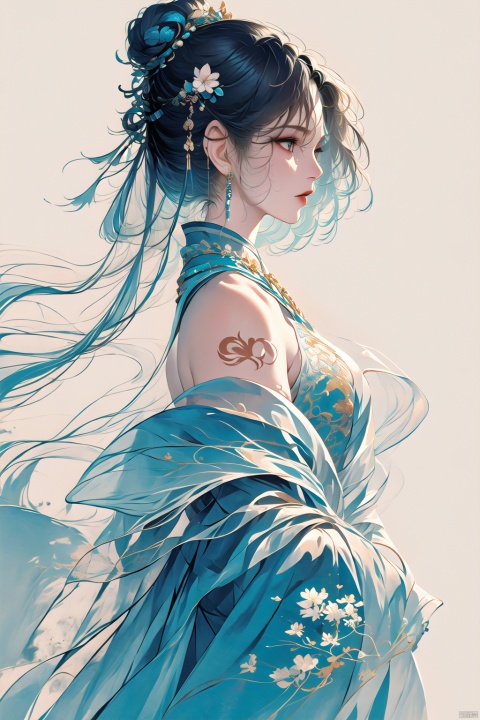  CG,Masterpieces, of the best quality,CG
masterpiece,best quality,
1girl, solo, breasts, bangs, blue eyes, shirt, dress, hair between eyes, bare shoulders, jewelry, blue hair, upper body, white hair, sky, sleeveless, hair bun, from side, gradient, gradient background, tattoo, profile, sleeveless dress, looking up, armlet, ice, crystal, arm tattoo, looking afar, mwuxia, Chinese ink painting, meidusha, （\personality\）, midjourney,ink wash painting, guoflinke, smwuxia Chinese text blood weapon:sw, yifu