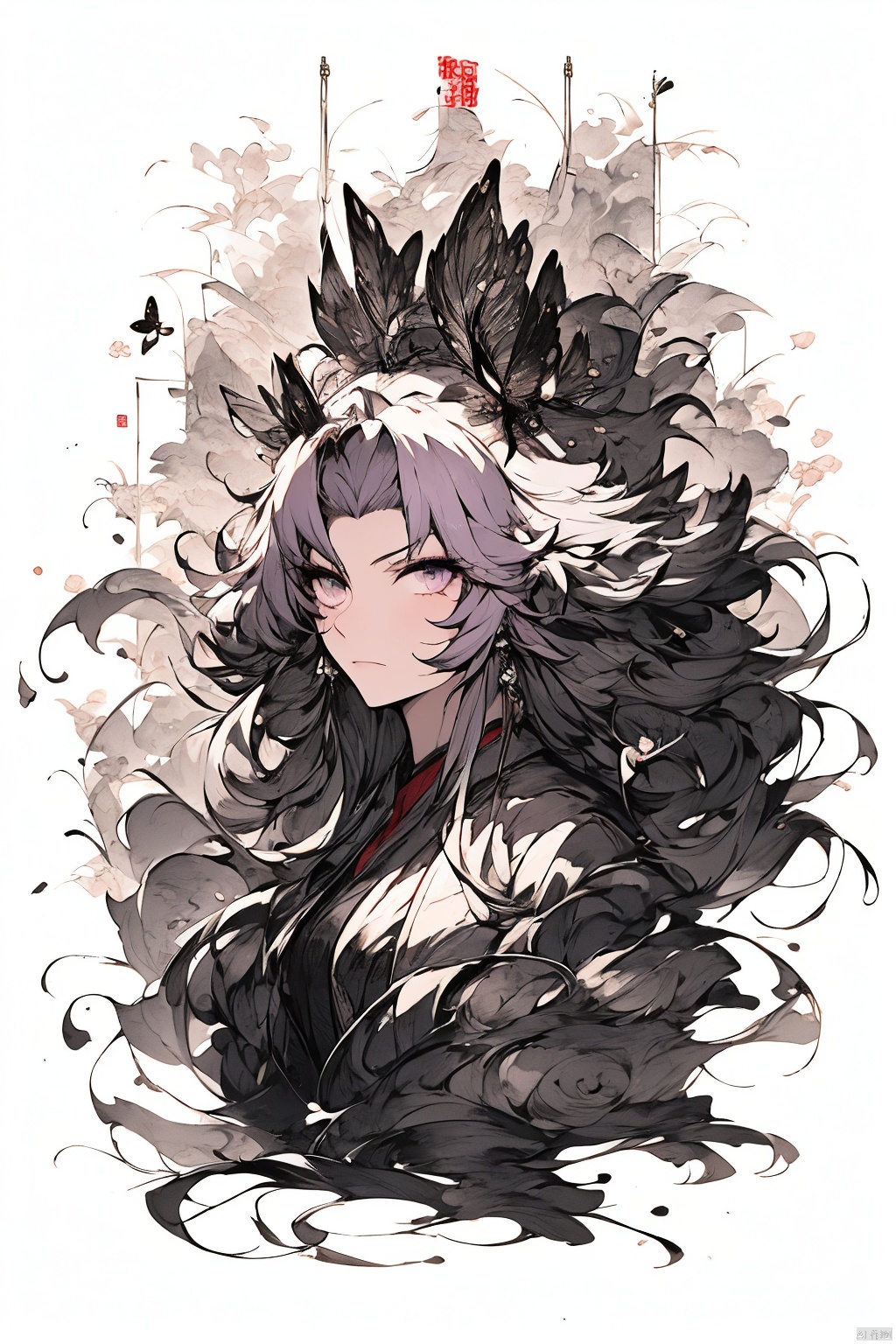  a woman in business attire, long hair, light purple hair, hair shawl, dabolang hairstyle, earring, fluffy hair, butterfly headdress, serious expression, mature face, beautiful anime portrait, palace, digital anime illustration, beautiful anime style, a beautiful fantasy female chairman, anime illustration, anime fantasy illustration, beautiful character painting, trending on artstration,（\personality\）, (\yan yu\), (\shen ming shao nv\), Ink scattering_Chinese style, midjourney portrait