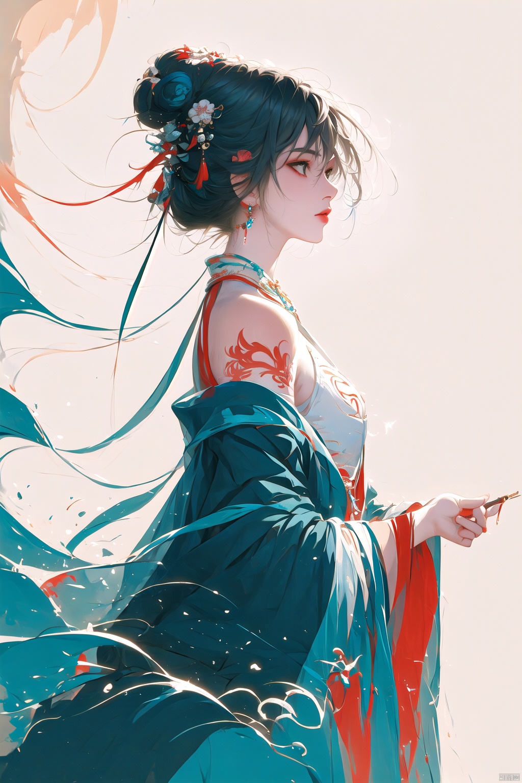  CG,Masterpieces, of the best quality,CG
masterpiece,best quality,
1girl, solo, breasts, bangs, blue eyes, shirt, dress, hair between eyes, bare shoulders, jewelry, blue hair, upper body, white hair, sky, sleeveless, hair bun, from side, gradient, gradient background, tattoo, profile, sleeveless dress, looking up, armlet, ice, crystal, arm tattoo, looking afar, mwuxia, Chinese ink painting, meidusha, （\personality\）, midjourney,ink wash painting, guoflinke, smwuxia Chinese text blood weapon:sw, yifu