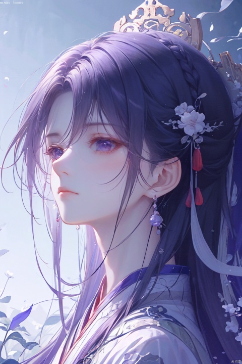  a woman in business attire, long hair, light purple hair, hair shawl, dabolang hairstyle, earring, fluffy hair, butterfly headdress, serious expression, mature face, beautiful anime portrait, palace, digital anime illustration, beautiful anime style, a beautiful fantasy female chairman, anime illustration, anime fantasy illustration, beautiful character painting, trending on artstration,（\personality\）, (\yan yu\), (\shen ming shao nv\)