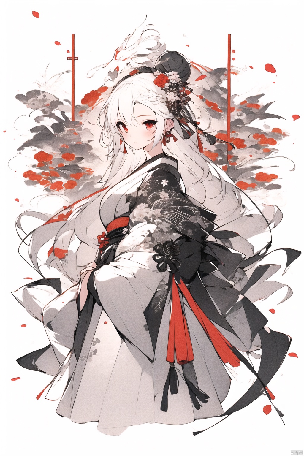  Dragon and girl, 1girl, dragon, japanese clothes, kimono, white hair, hair ornament, eastern dragon, blue eyes, red kimono, hair flower, hair bun, flower, sash, long sleeves, wide sleeves, obi, solo, petals, bangs, from side, floral print, single hair bun, closed mouth, sidelocks, long hair, red eyes, ribbon, pf-hd, midjourney portrait, chinese dress,white dress, Ink scattering_Chinese style, guoflinke