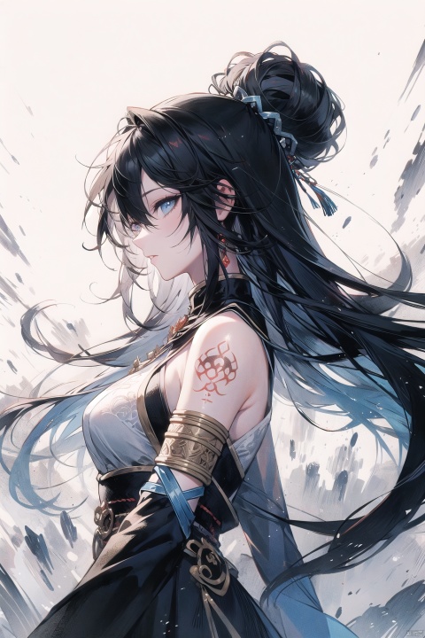  CG,Masterpieces, of the best quality,CG
masterpiece,best quality,
1girl, solo, breasts, bangs, blue eyes, shirt, dress, hair between eyes, bare shoulders, jewelry, blue hair, upper body, white hair, sky, sleeveless, hair bun, from side, gradient, gradient background, tattoo, profile, sleeveless dress, looking up, armlet, ice, crystal, arm tattoo, looking afar, mwuxia, Chinese ink painting, meidusha, （\personality\）, midjourney