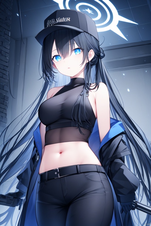  (best quality), (masterpiece),1girl, long hair, solo, breasts, hat, navel, gloves, crop top, blue eyes, stomach, black shirt, shirt, midriff, belt, looking at viewer, coat, sleeveless shirt, black gloves, pants, black hair, off shoulder, black headwear, white coat, black belt, bare shoulders, large breasts, black pants, sleeveless, snap-fit buckle, halo, bangs, baseball cap, cowboy shot, gun, weapon, holding, sig sauer, standing, open clothes, hair over one eye, open coat, parted lips, rifle, hair between eyes, long sleeves, harness, mask, very long hair