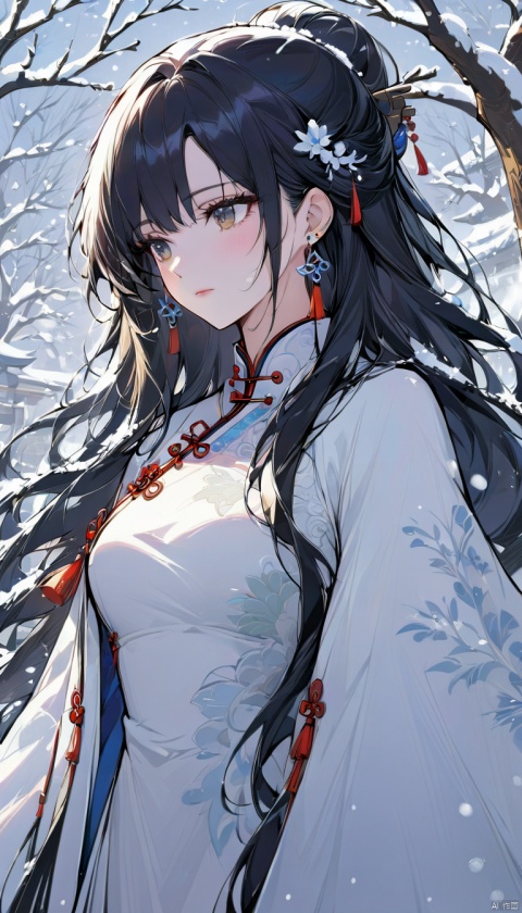  (best quality), ((masterpiece)), (highres), illustration, original, extremelydetailed,licg, 1girl, snow, black hair, solo, upper body, long hair, hair ornament, dress, jewelry, earrings, tree, snowing, white dress, winter, chinese clothes, licg, concept art