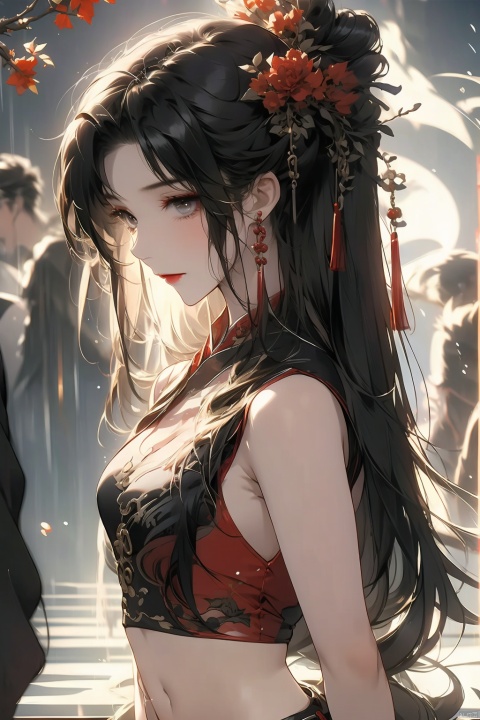  1girl, solo, long hair, black hair, hair ornament, jewelry, closed mouth, upper body, flower, earrings, blurry, from side, eyelashes, profile, makeup, red background, chinese clothes, red flower, tassel, branch, red lips, tassel earrings, guoflinke,midjourney portrait, Ink scattering_Chinese style, Dragon and girl,navel, jyy-hd, guidao, girl, dragon, liuyifei, xiaowu, OL,dofas, eluosi,Punk, Tight latex clothing